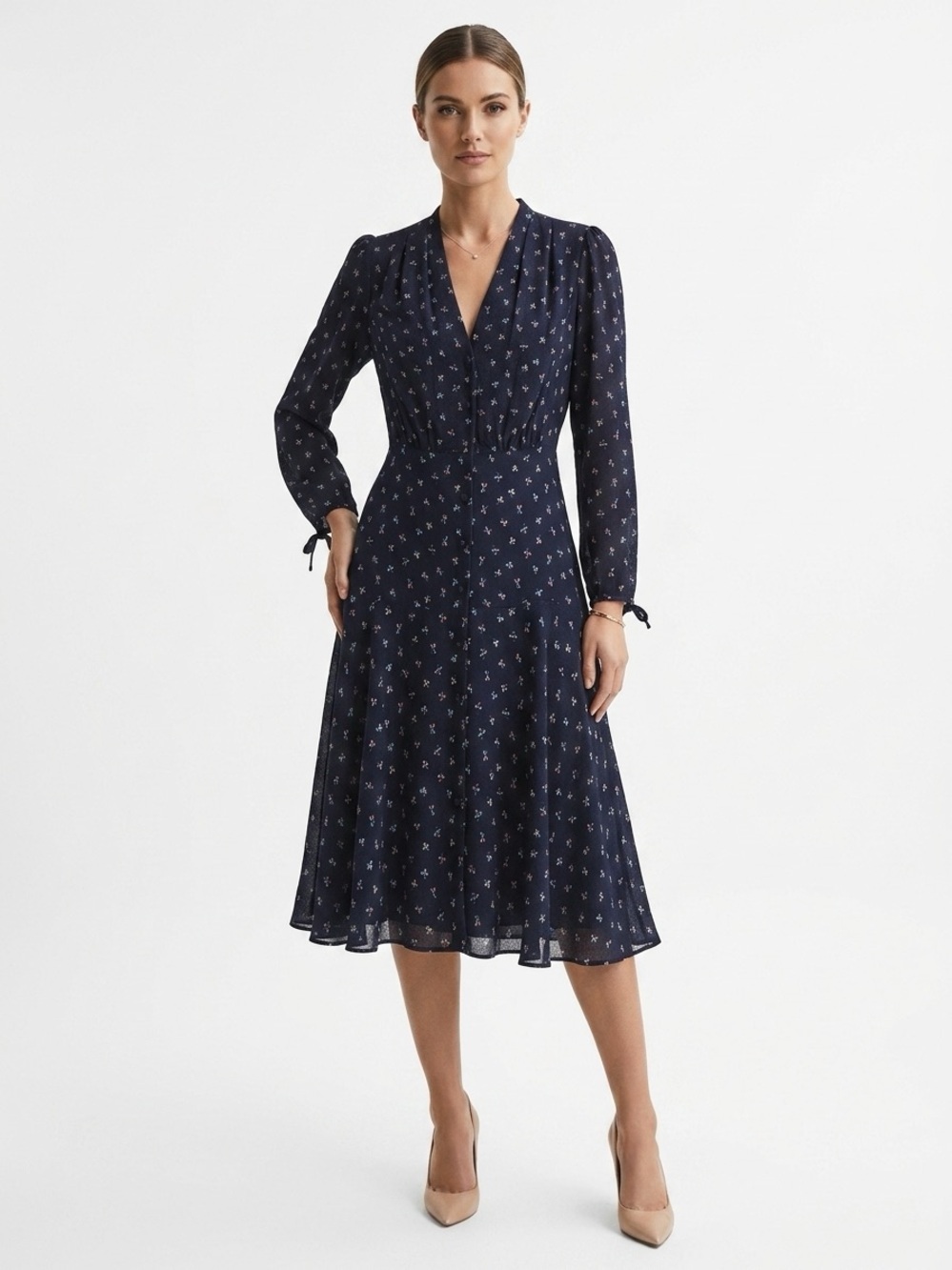 Rebecca Taylor Midi Dress Button Front Micro Print Silk Navy Blue Size 0